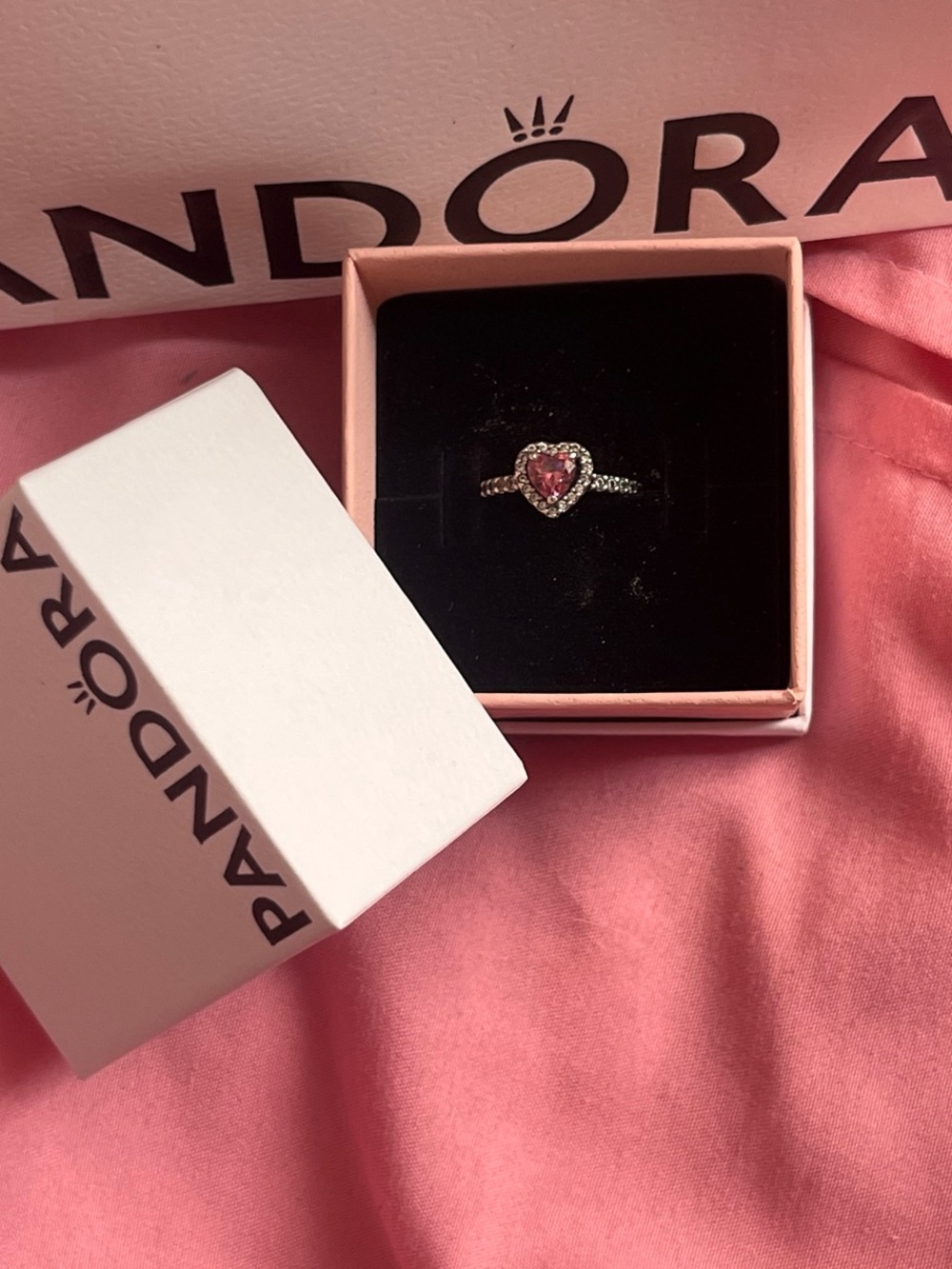 Pandora Silver Ring with Pink Heart Stone and Accent Crystals